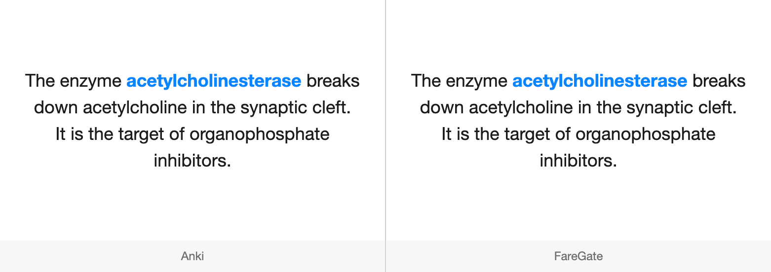 Side by side: the same cloze card rendered by Anki on the left and by FareGate on the right.