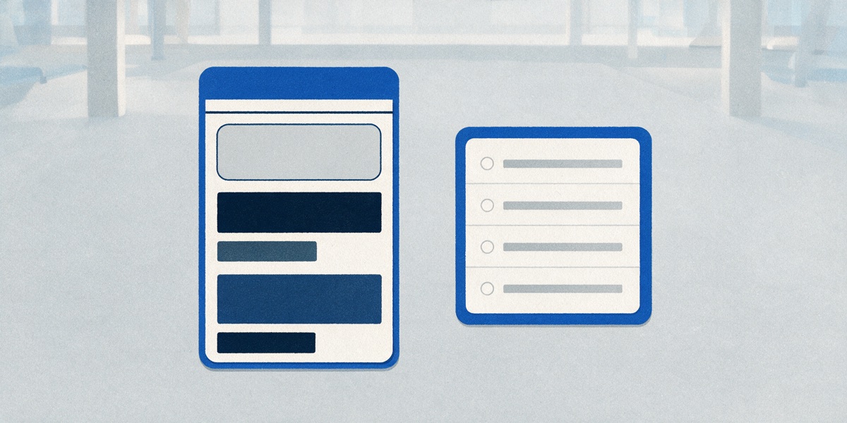 An illustration contrasting a richly structured flashcard with a flat, stripped-down quiz.